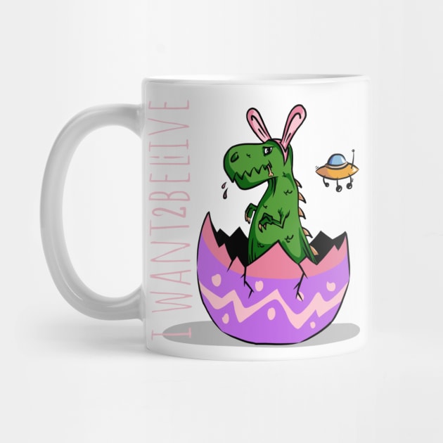 Cute little dinosaur with rabbit ears i want to believe funny joke eat bunny in egg with ufo by MIWDesign